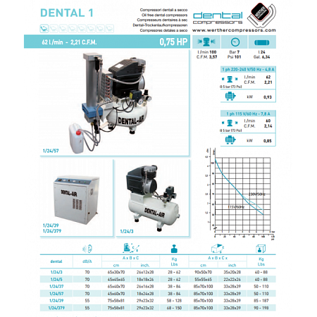 Werther Int. Dental Air 1/24/379 - безмасляный воздушный компрессор 1 установку, с кожухом, с осушителем, 100 л/мин